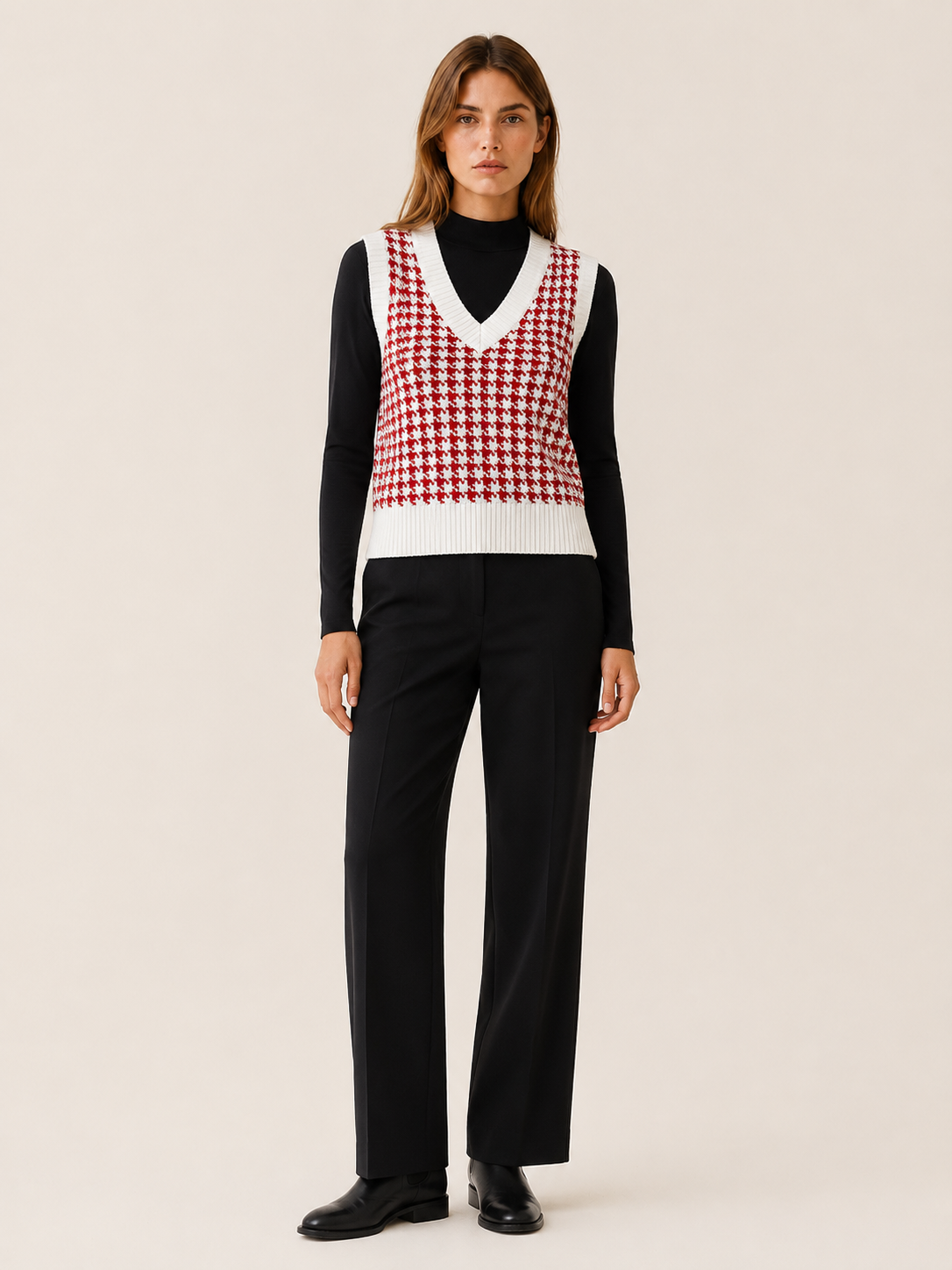 Evadne | Sweater Vest with Houndstooth Pattern and V-Neck