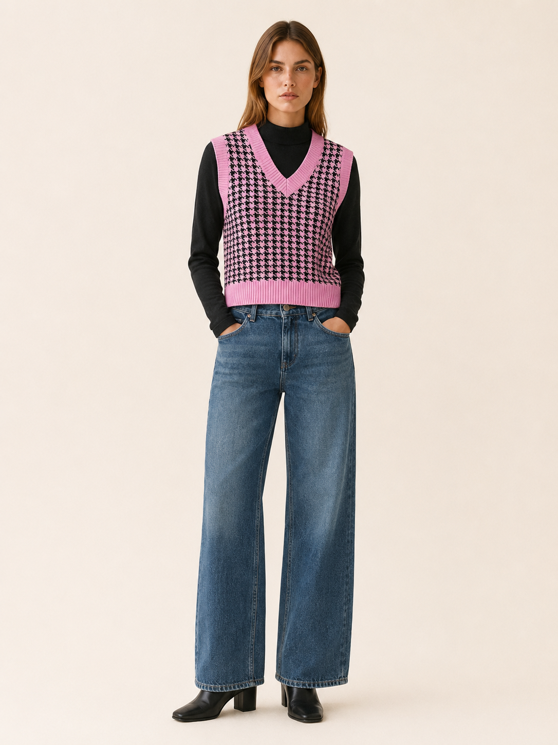 Evadne | Sweater Vest with Houndstooth Pattern and V-Neck