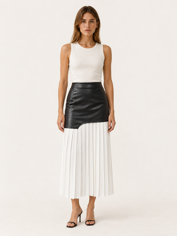 Evara | Asymmetrical Midi Skirt with Pleated Panel Faux Leather Look