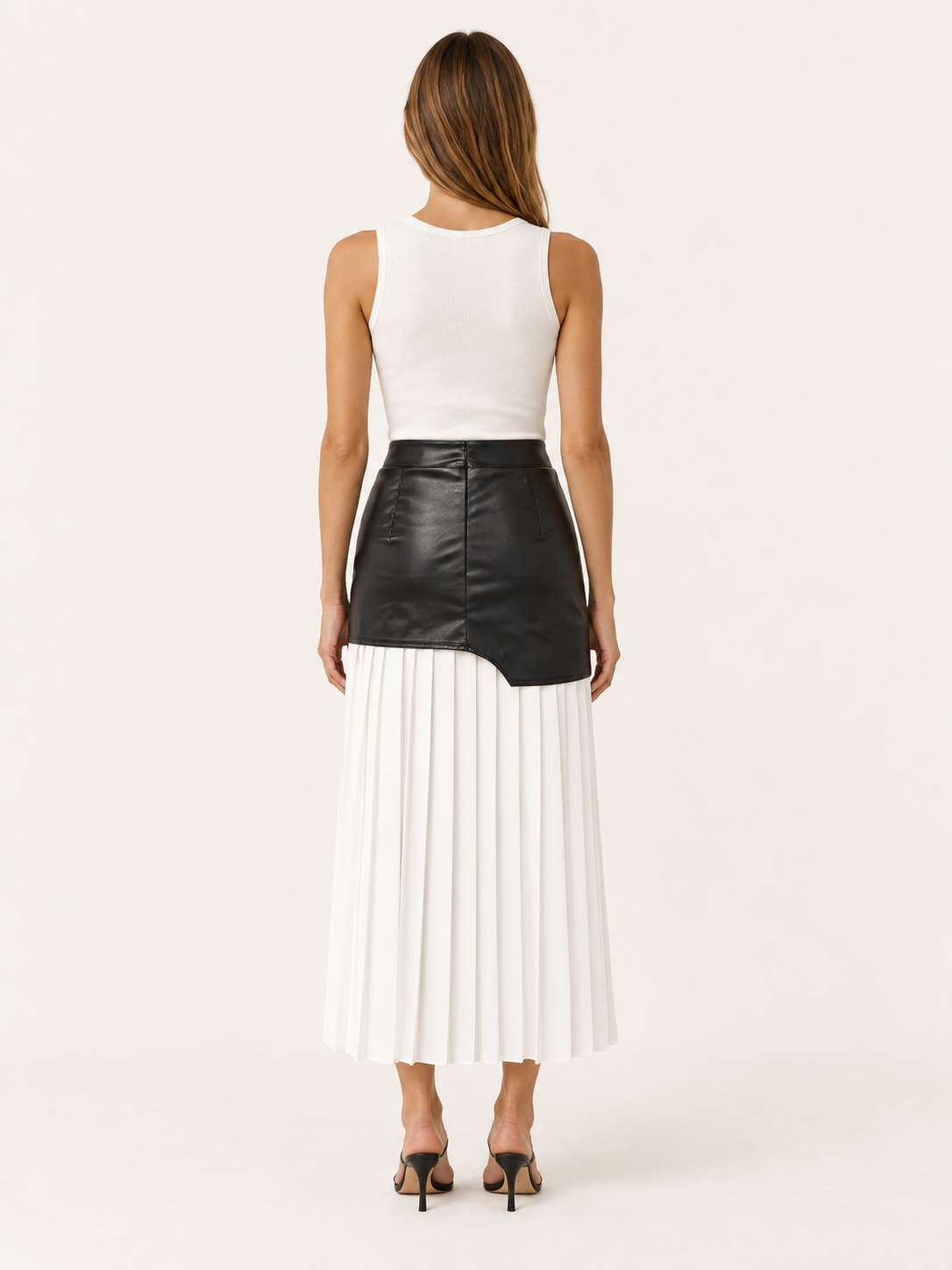 Evara | Asymmetrical Midi Skirt with Pleated Panel Faux Leather Look