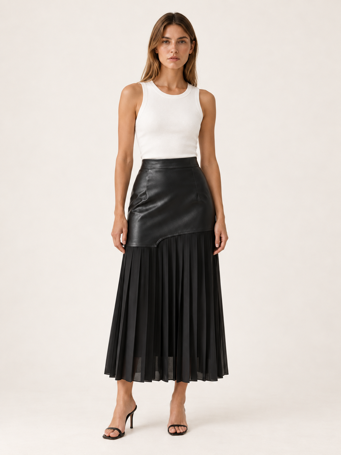 Evara | Asymmetrical Midi Skirt with Pleated Panel Faux Leather Look