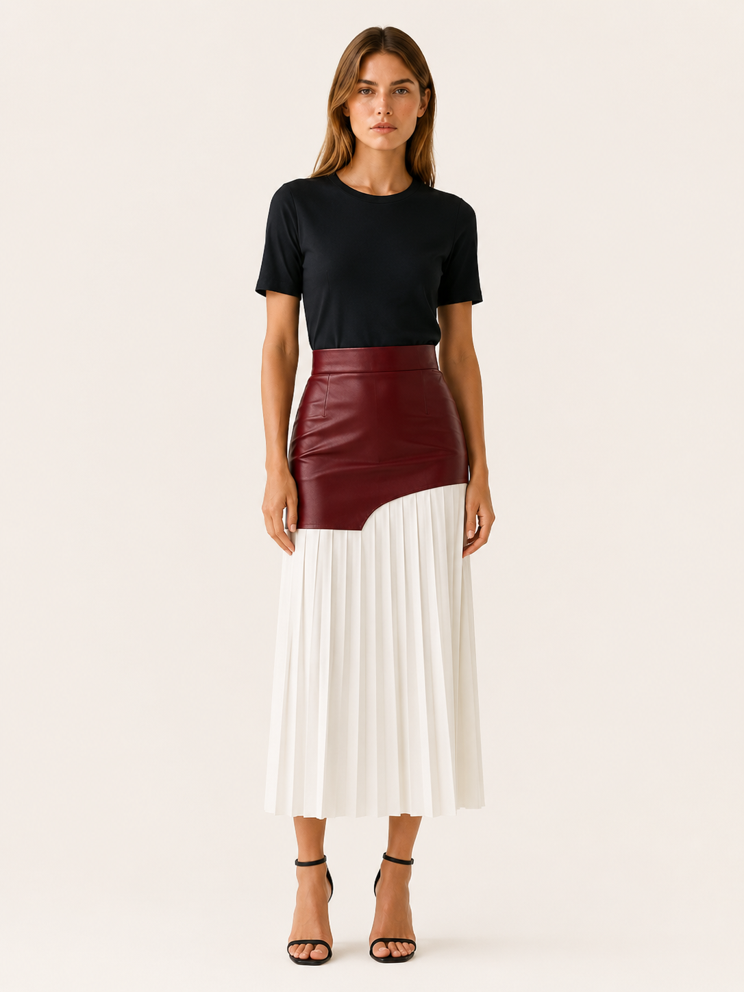 Evara | Asymmetrical Midi Skirt with Pleated Panel Faux Leather Look