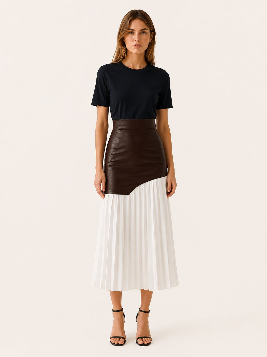 Evara | Asymmetrical Midi Skirt with Pleated Panel Faux Leather Look