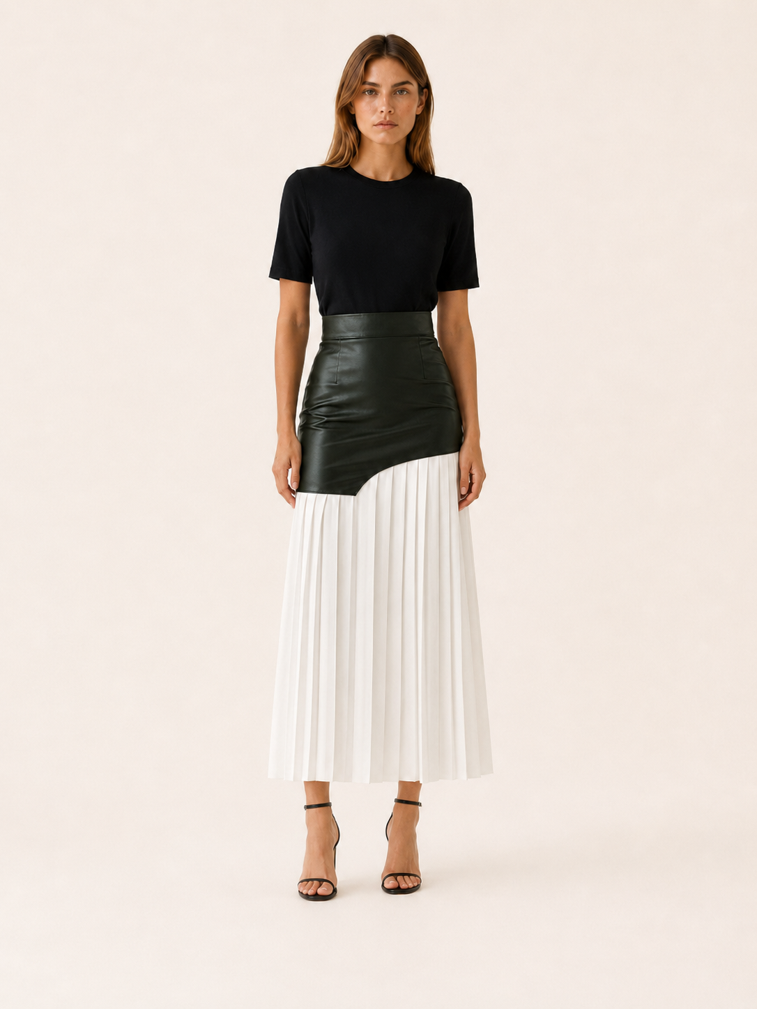 Evara | Asymmetrical Midi Skirt with Pleated Panel Faux Leather Look