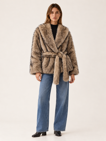 Fatima | Women's Belted Faux Fur Jacket Winter Holiday Party
