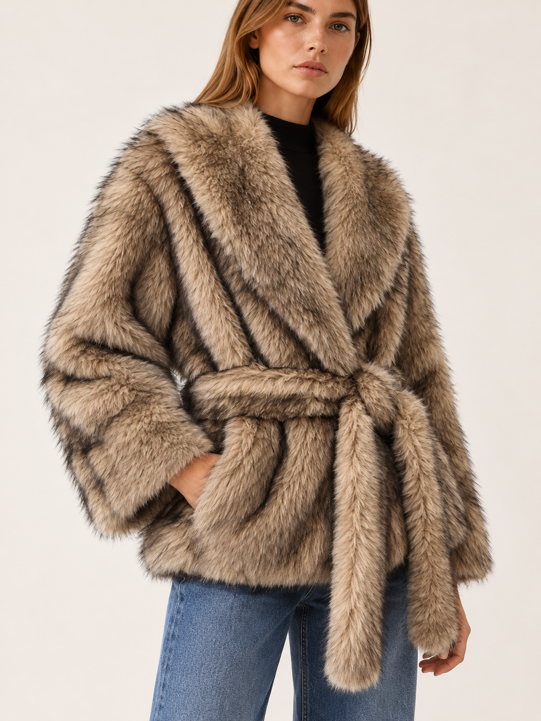 Fatima | Women's Belted Faux Fur Jacket Winter Holiday Party
