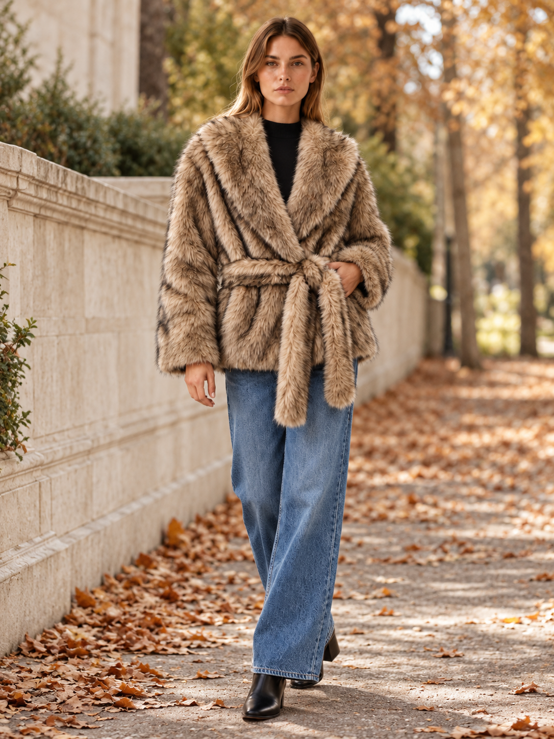 Fatima | Women's Belted Faux Fur Jacket Winter Holiday Party