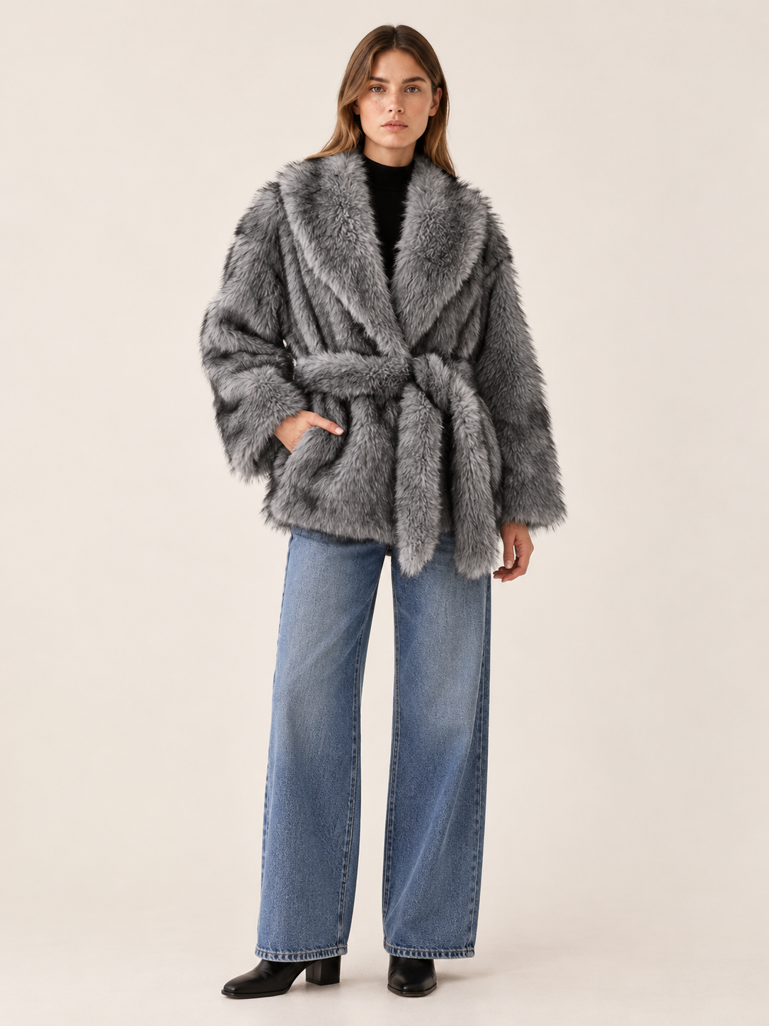 Fatima | Women's Belted Faux Fur Jacket Winter Holiday Party