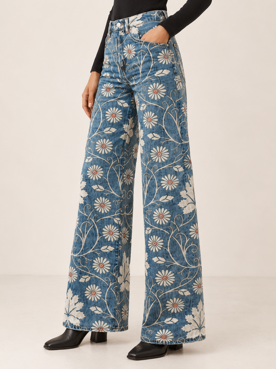 Feliciana | Women's Floral Print Wide Leg Jeans Fall