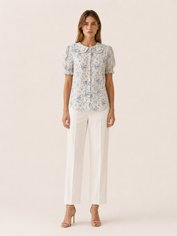 Danica | Floral Blouse with Lace Trim and Pleated Front