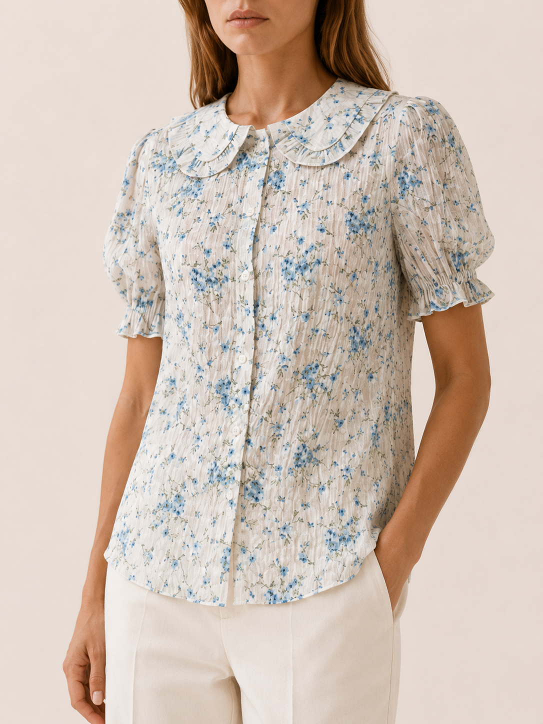 Danica | Floral Blouse with Lace Trim and Pleated Front
