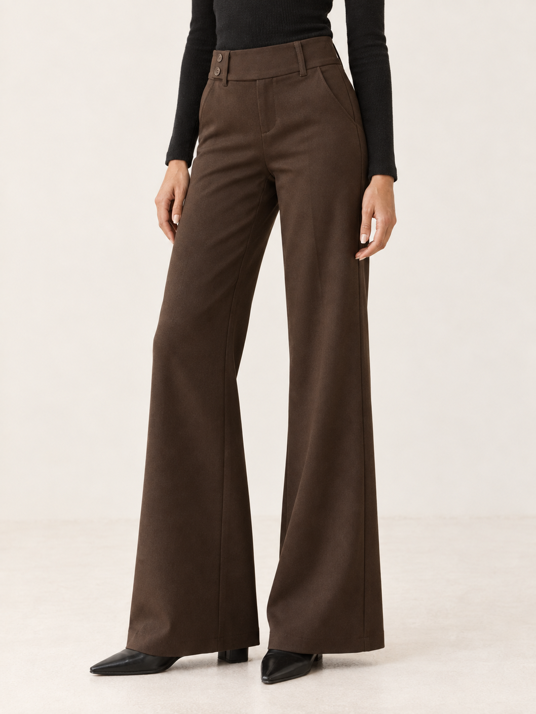 Florevia | Women's Flare Pants with Mid-Rise Double-Button Waistband