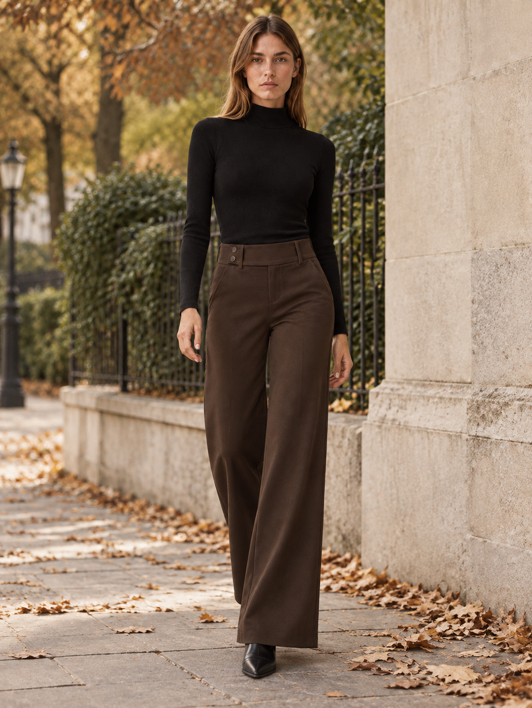 Florevia | Women's Flare Pants with Mid-Rise Double-Button Waistband