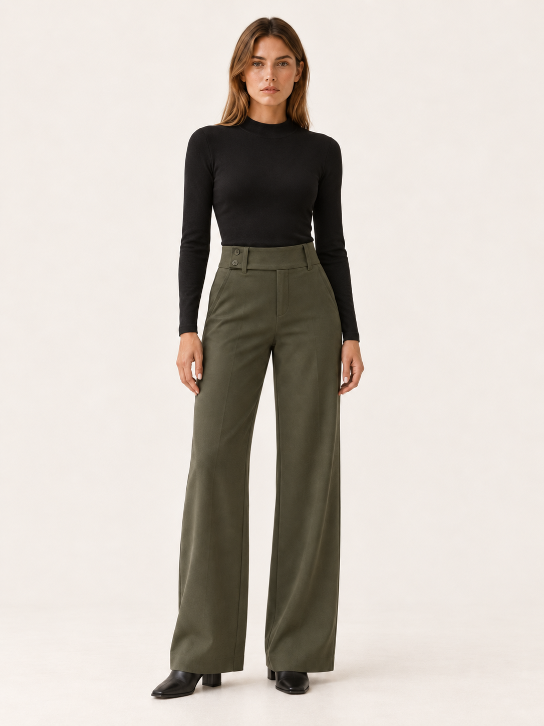 Florevia | Women's Flare Pants with Mid-Rise Double-Button Waistband