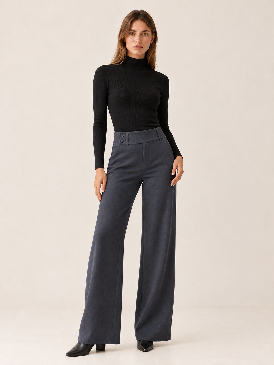Florevia | Women's Flare Pants with Mid-Rise Double-Button Waistband