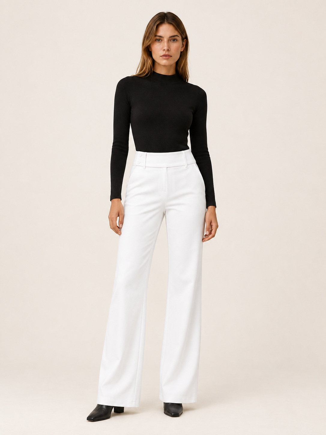 Florevia | Women's Flare Pants with Mid-Rise Double-Button Waistband