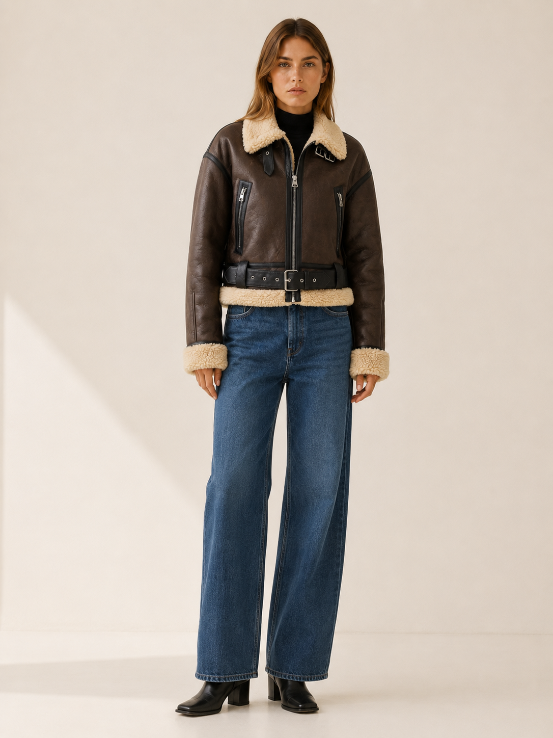 Freya | Cropped Jacket with Aviator Collar and Buckle Belt