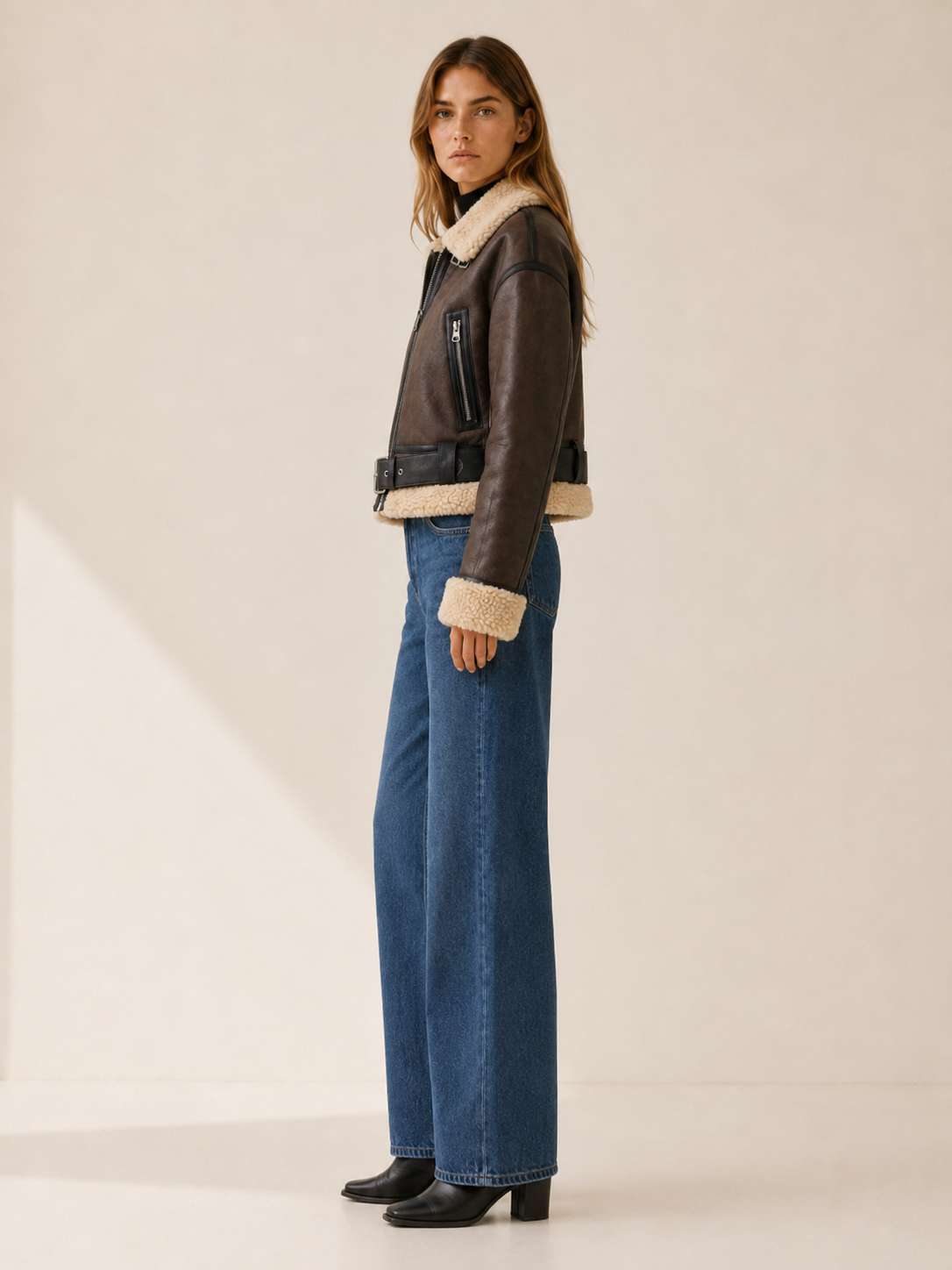 Freya | Cropped Jacket with Aviator Collar and Buckle Belt