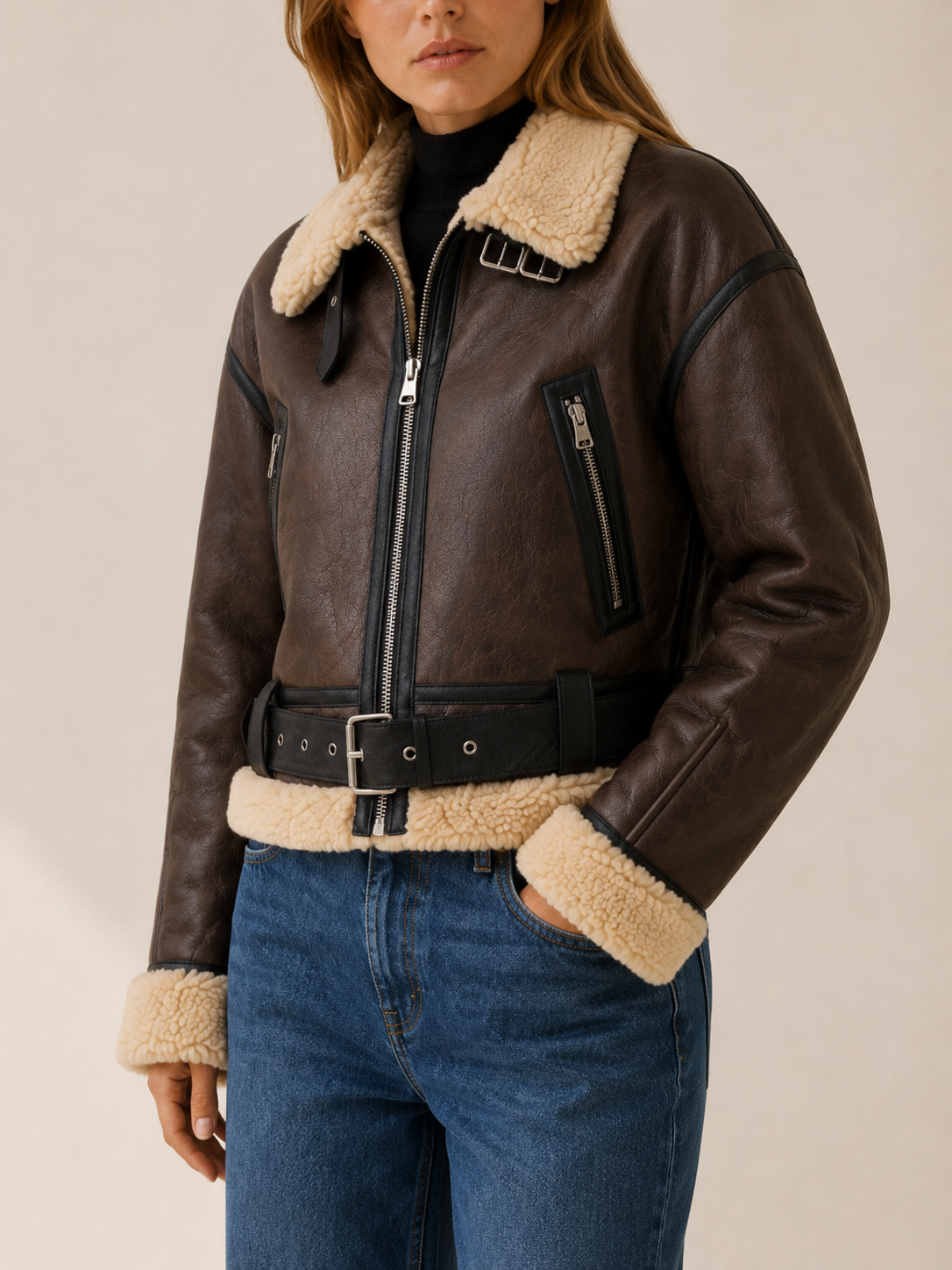 Freya | Cropped Jacket with Aviator Collar and Buckle Belt