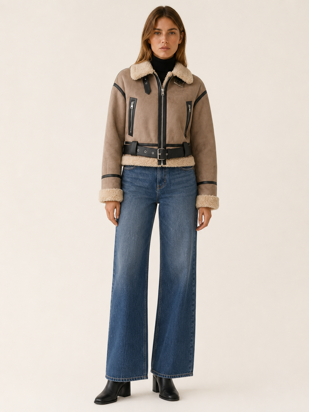 Freya | Cropped Jacket with Aviator Collar and Buckle Belt