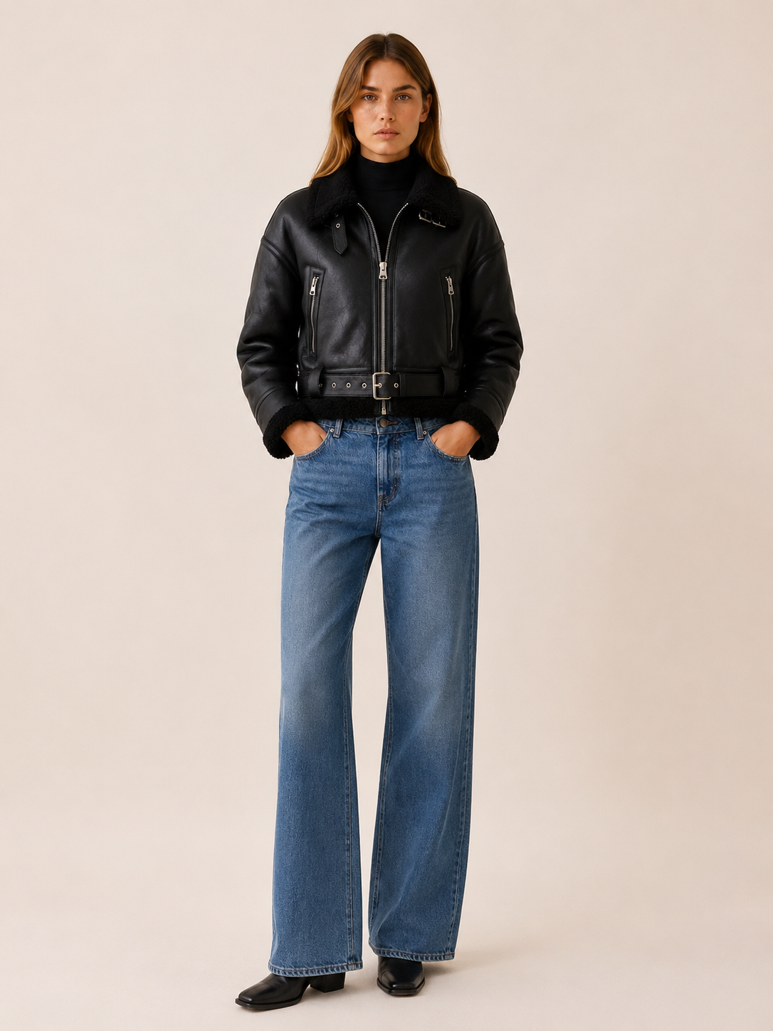 Freya | Cropped Jacket with Aviator Collar and Buckle Belt