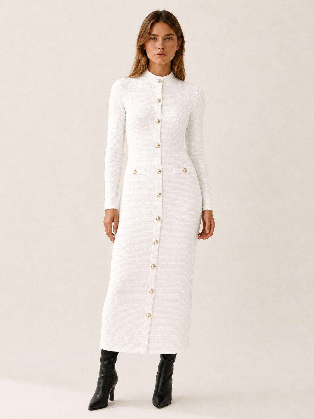 Georgina | Women's Textured Button Front Midi Dress