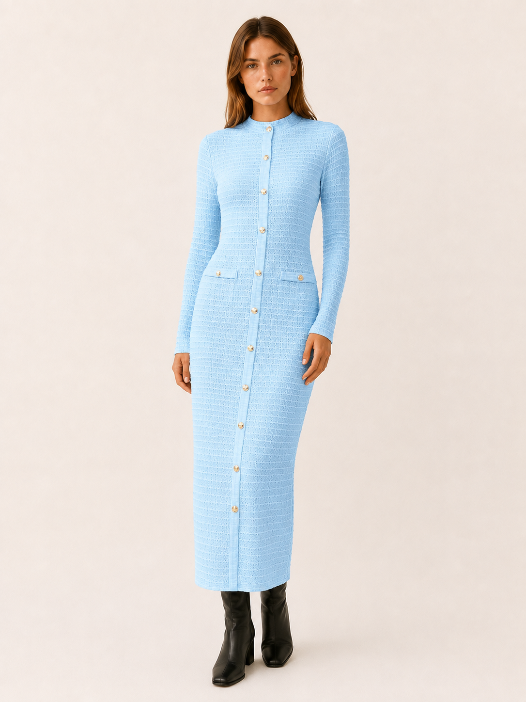 Georgina | Women's Textured Button Front Midi Dress