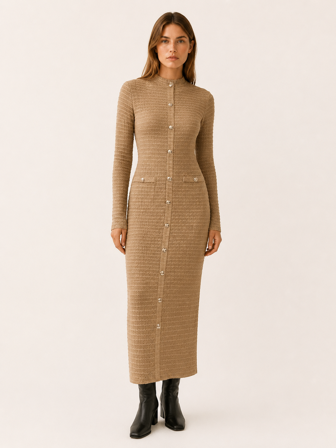 Georgina | Women's Textured Button Front Midi Dress