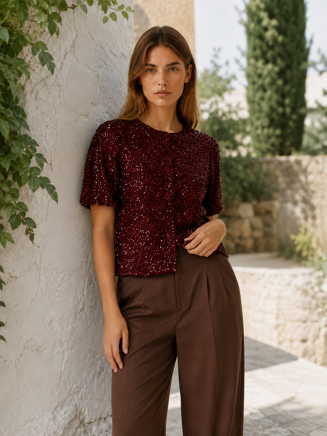 Greer | Sequin Top with Puff Sleeves