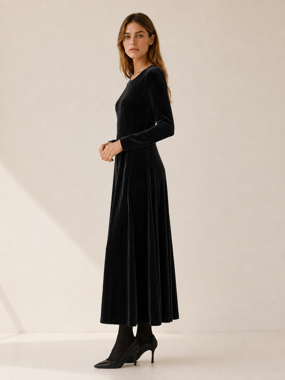 Guinevere | Women's A-Line Midi Dress with Long Sleeves