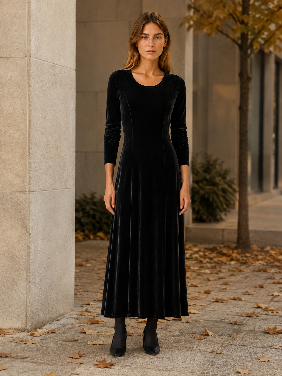 Guinevere | Women's A-Line Midi Dress with Long Sleeves