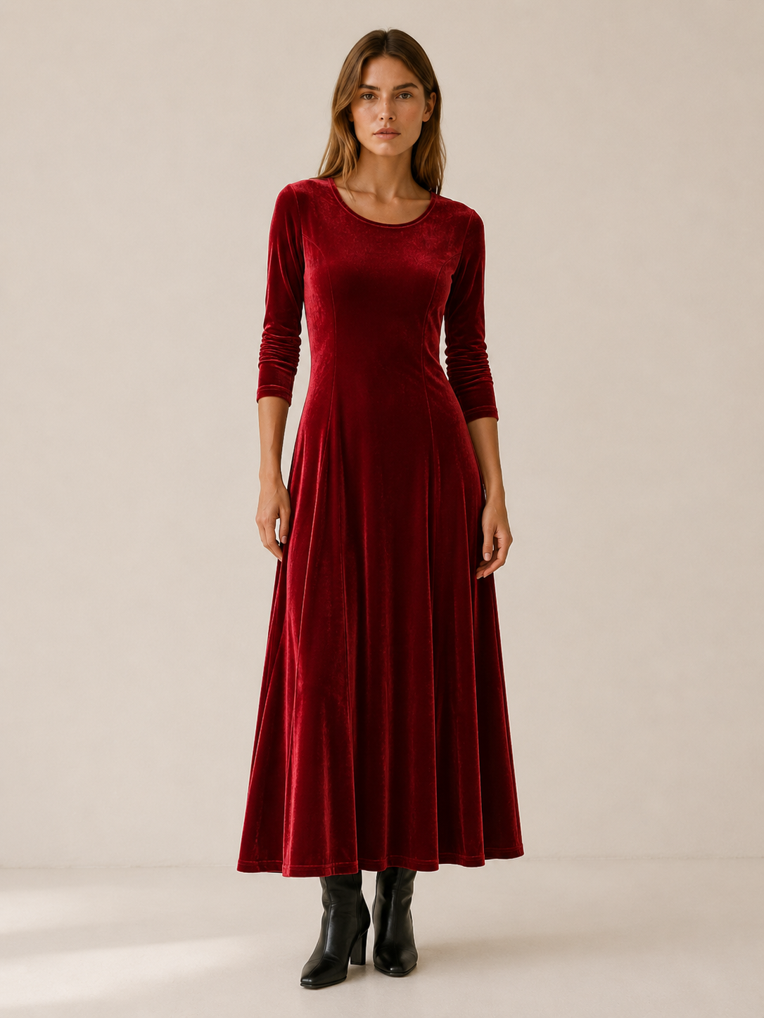 Guinevere | Women's A-Line Midi Dress with Long Sleeves