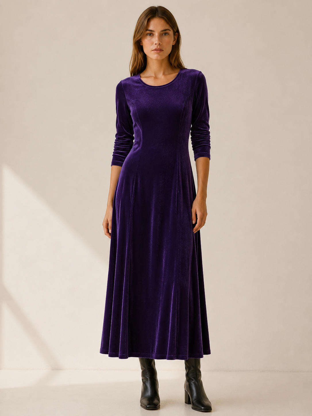 Guinevere | Women's A-Line Midi Dress with Long Sleeves