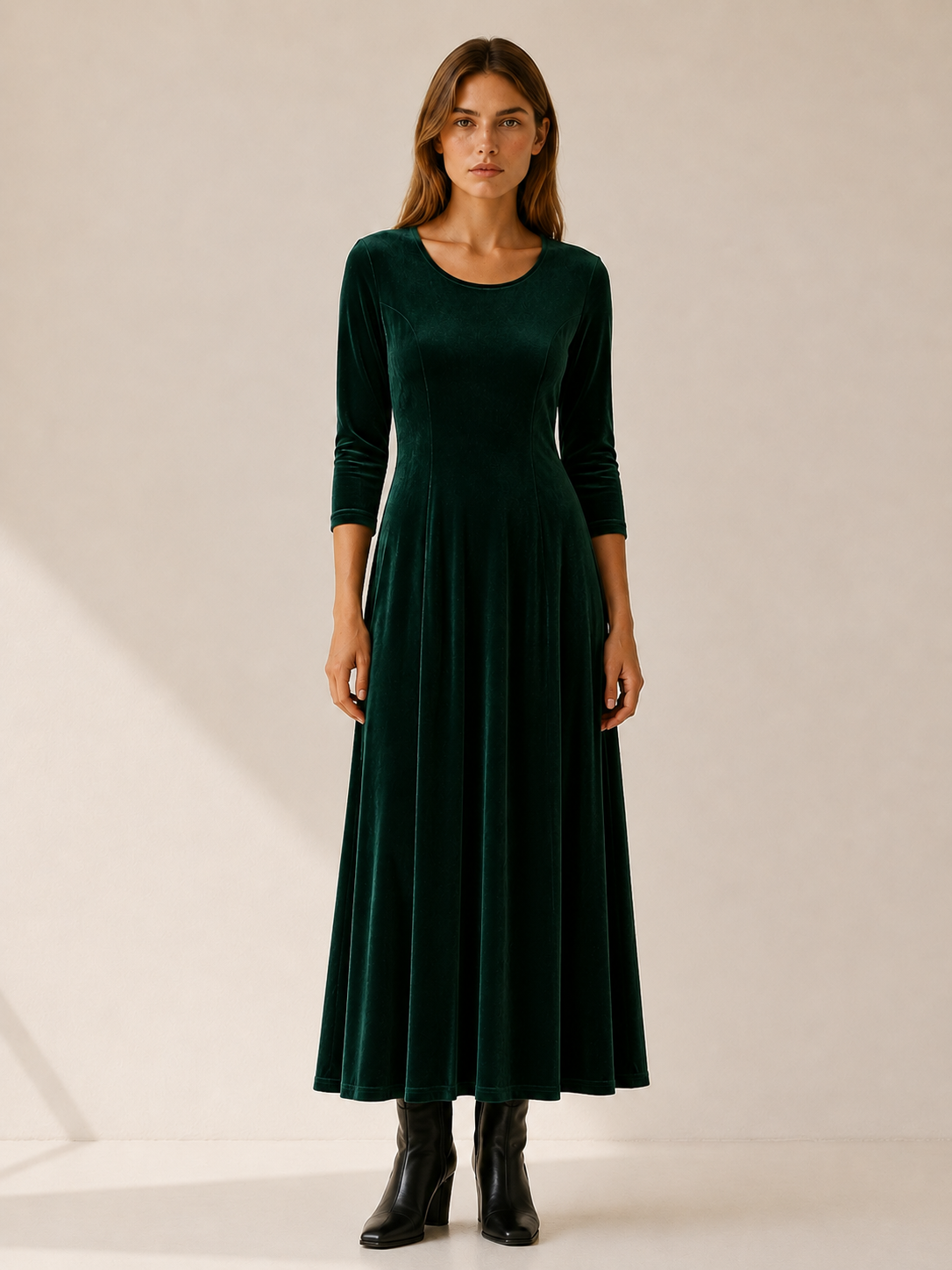 Guinevere | Women's A-Line Midi Dress with Long Sleeves