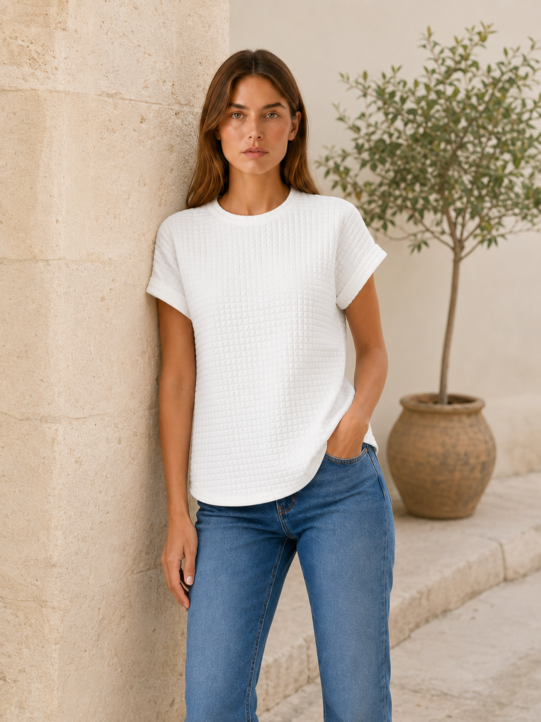 Halia | Quilted Short Sleeve T-Shirt with Round Neck