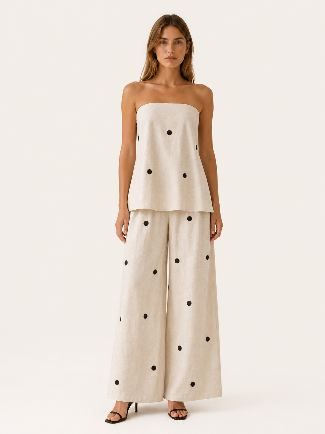 Harlyn | Polka Dot Co-Ord Set with Strapless Top Wide Leg Trousers
