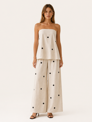 Harlyn | Polka Dot Co-Ord Set with Strapless Top Wide Leg Trousers