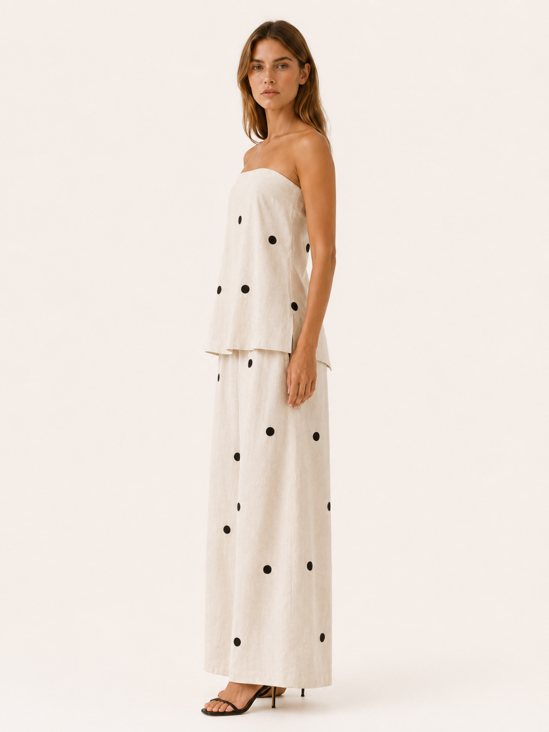 Harlyn | Polka Dot Co-Ord Set with Strapless Top Wide Leg Trousers