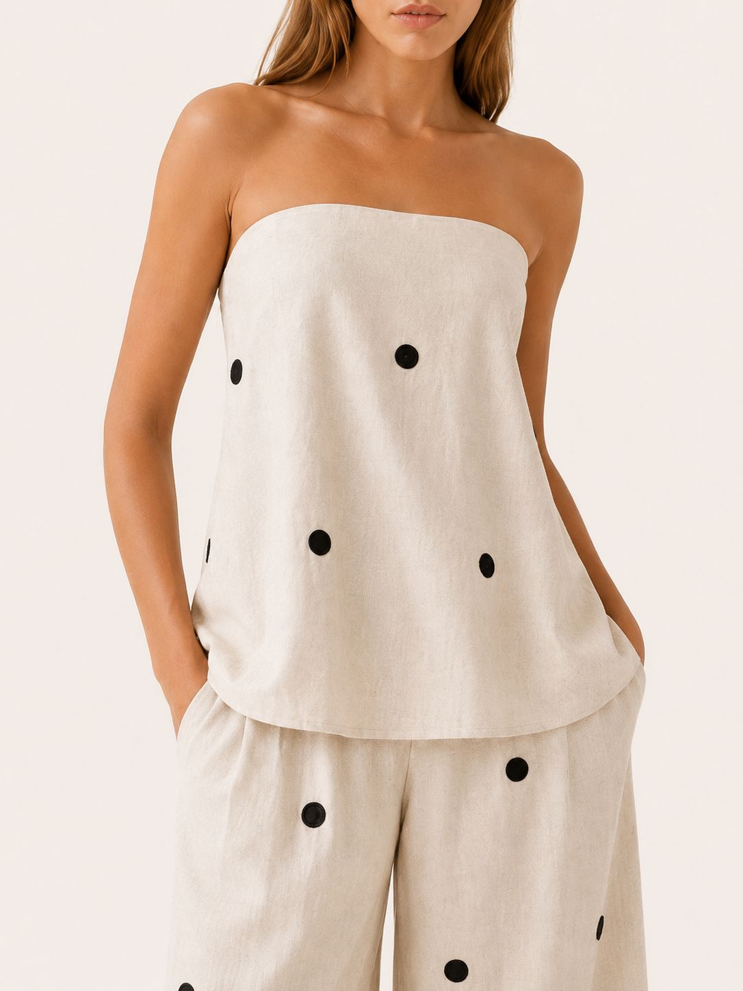 Harlyn | Polka Dot Co-Ord Set with Strapless Top Wide Leg Trousers