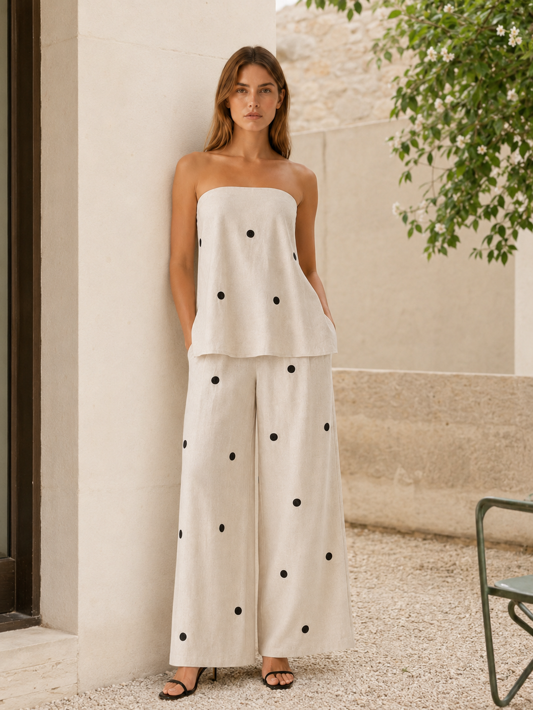 Harlyn | Polka Dot Co-Ord Set with Strapless Top Wide Leg Trousers