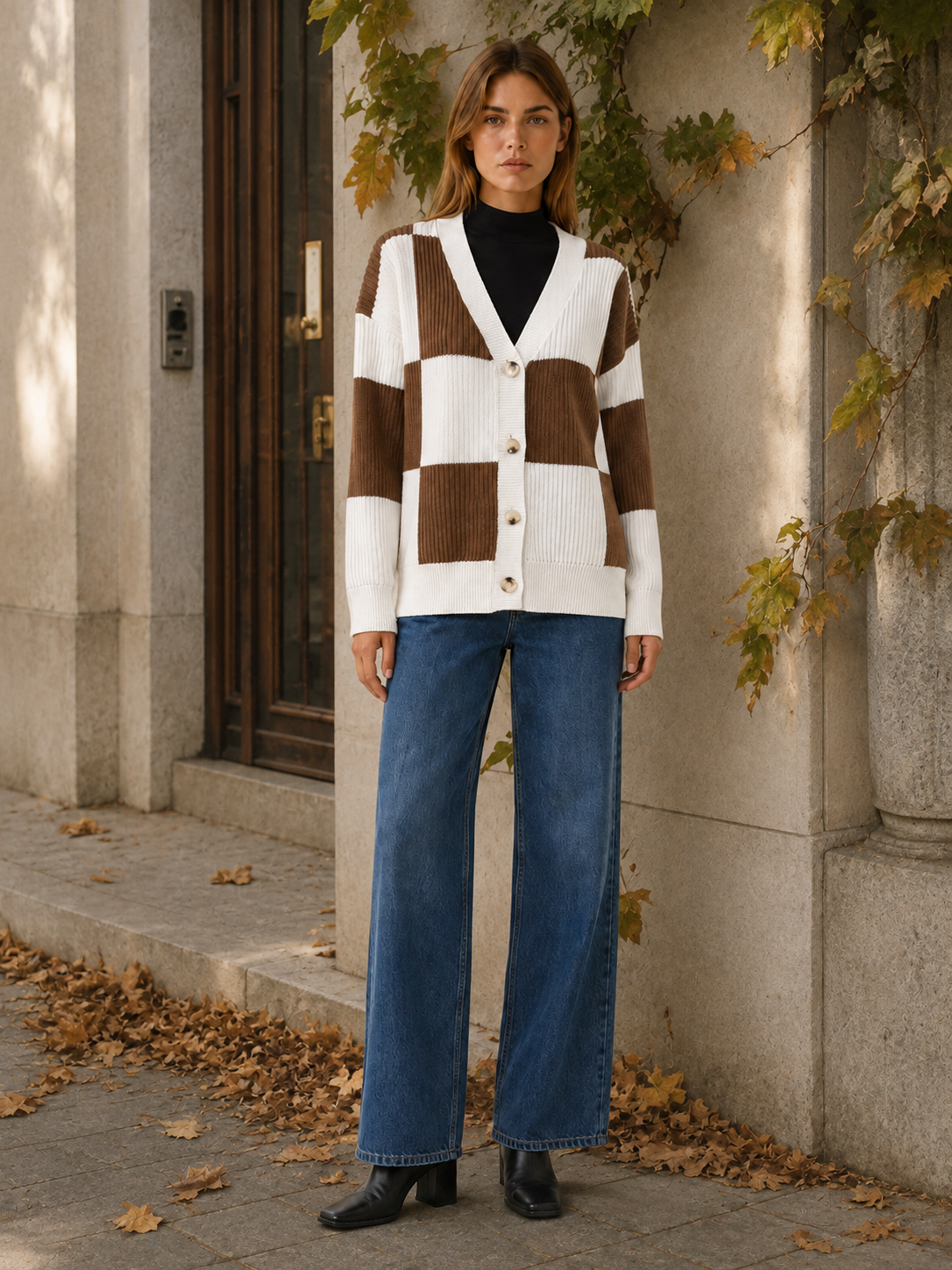 Ilaria | V-Neck Cardigan with Plaid Pattern and Button Front