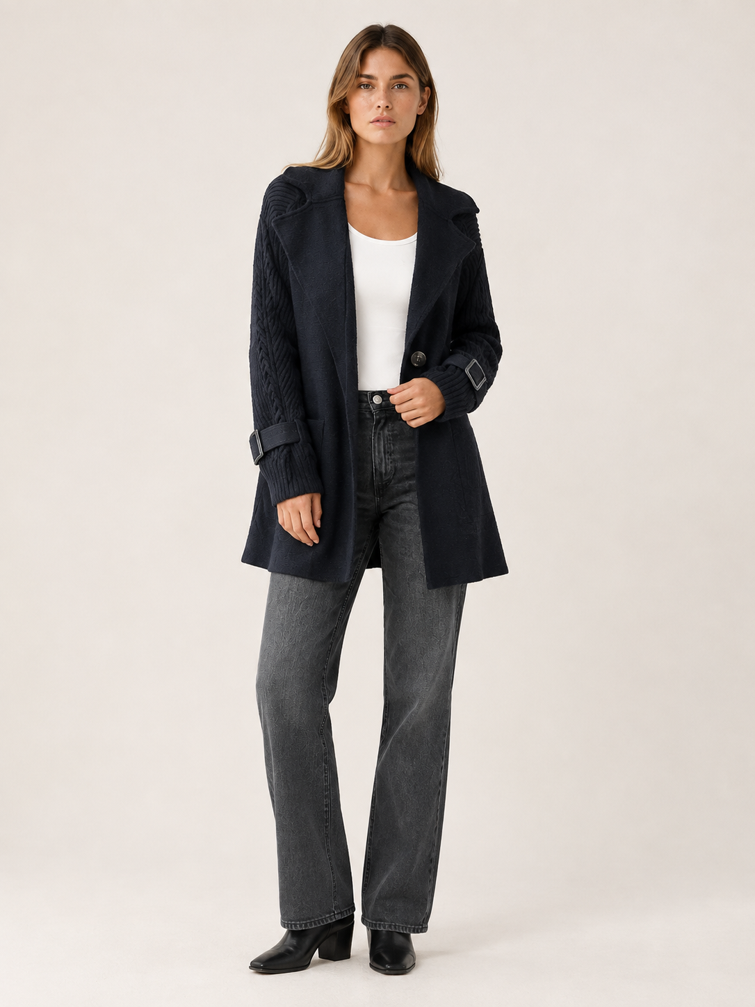 Isola | Women's Longline Coat with Cable Knit Sleeves