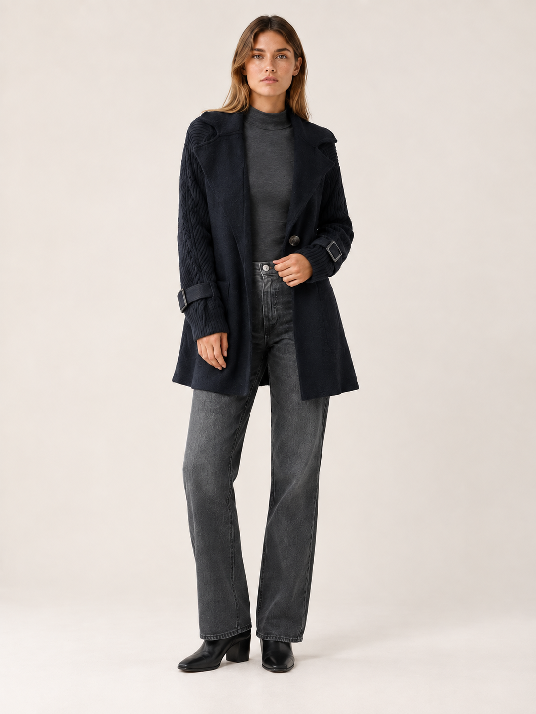 Isola | Women's Longline Coat with Cable Knit Sleeves