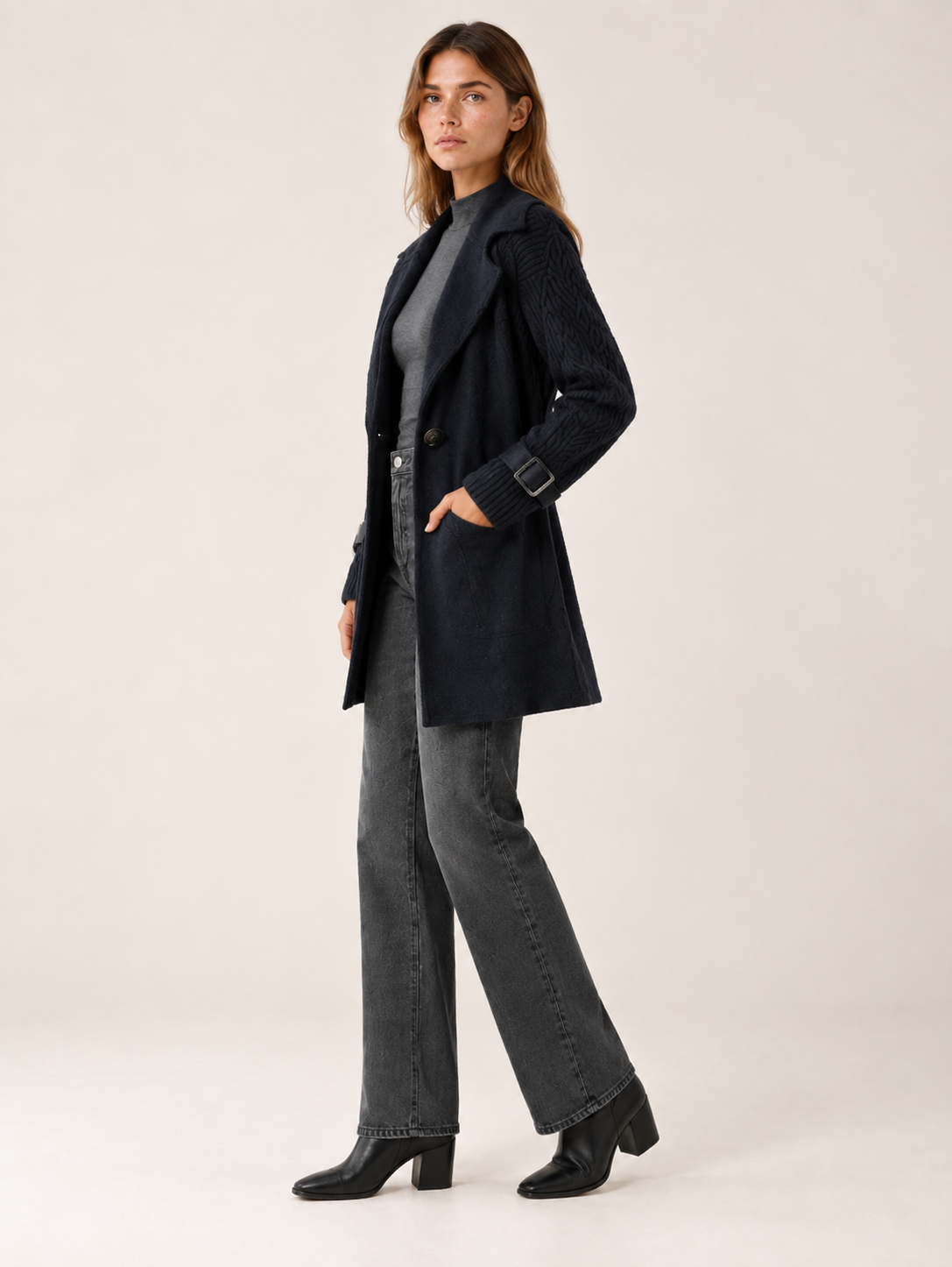 Isola | Women's Longline Coat with Cable Knit Sleeves