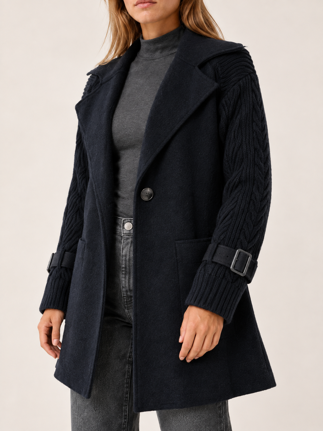 Isola | Women's Longline Coat with Cable Knit Sleeves