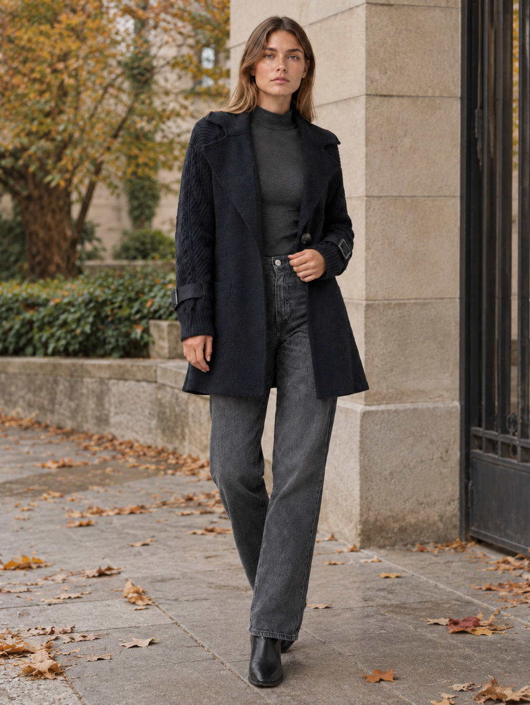Isola | Women's Longline Coat with Cable Knit Sleeves