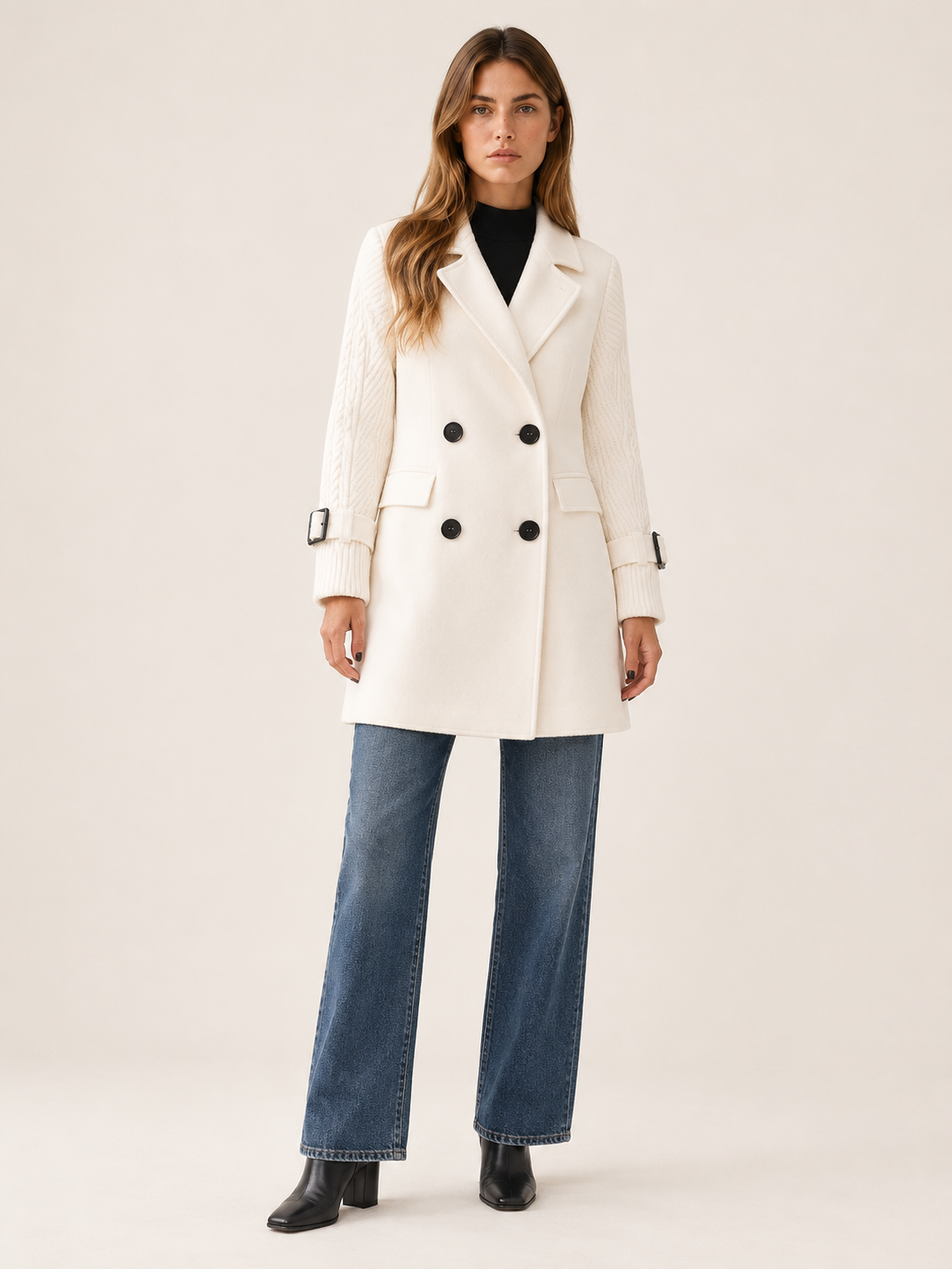 Isola | Women's Longline Coat with Cable Knit Sleeves
