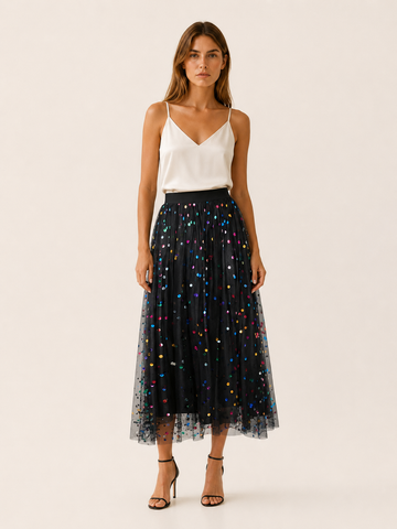 Jessamine | Sequin Tulle Midi Skirt with Elastic Waist