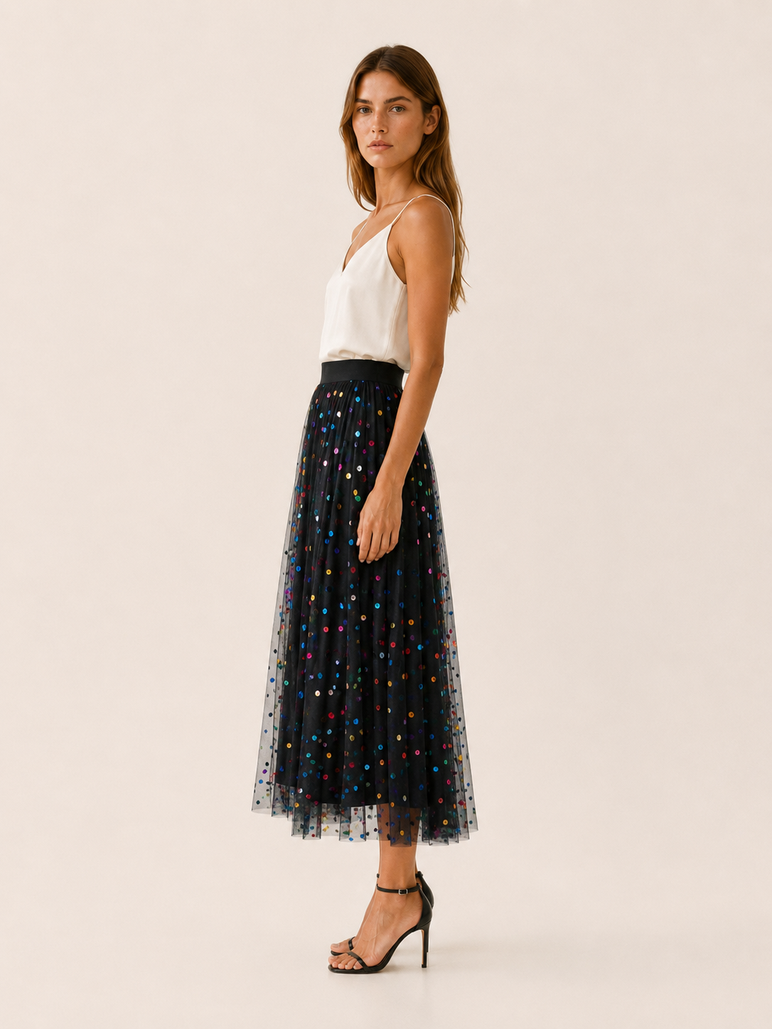 Jessamine | Sequin Tulle Midi Skirt with Elastic Waist