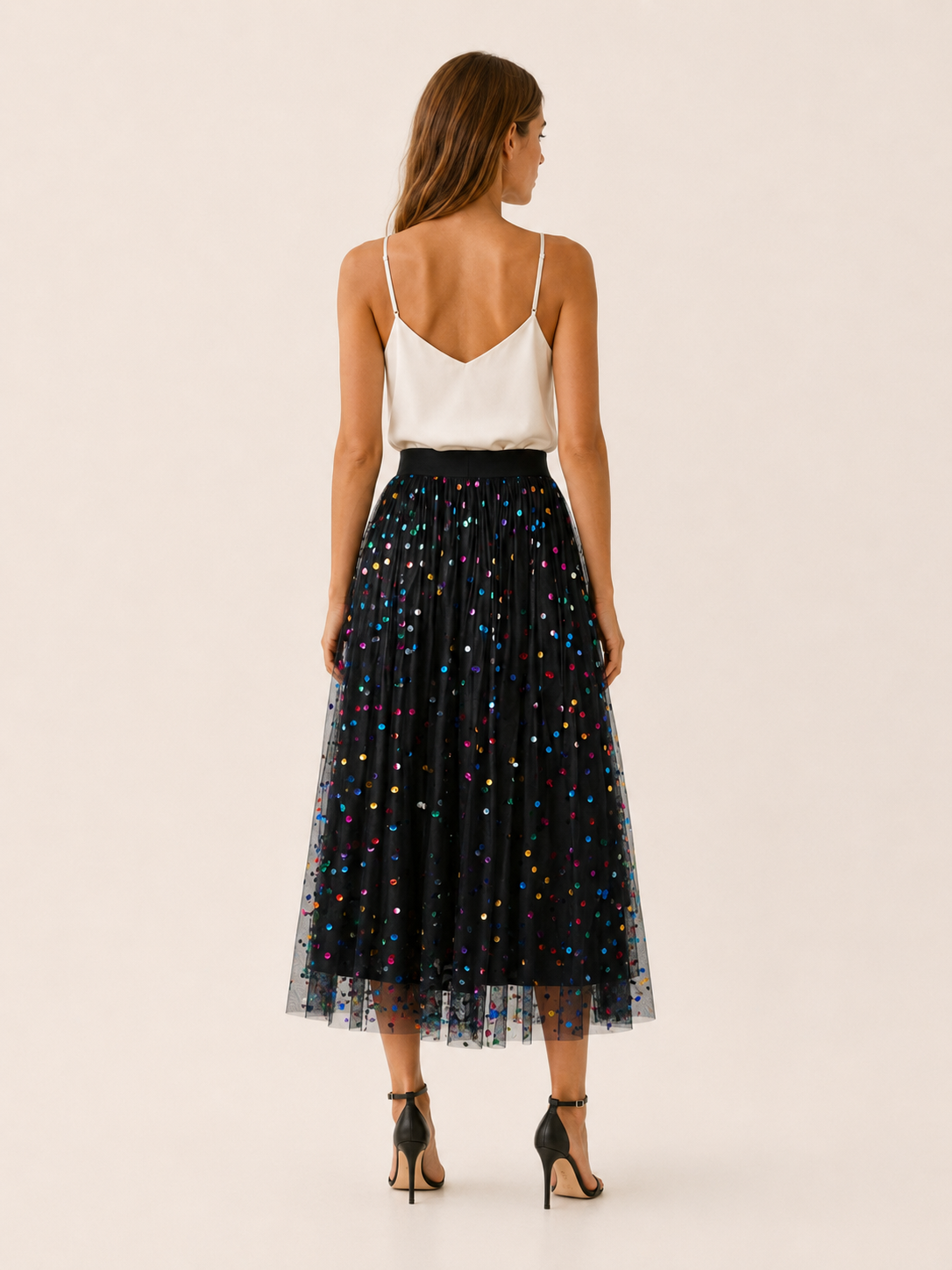 Jessamine | Sequin Tulle Midi Skirt with Elastic Waist